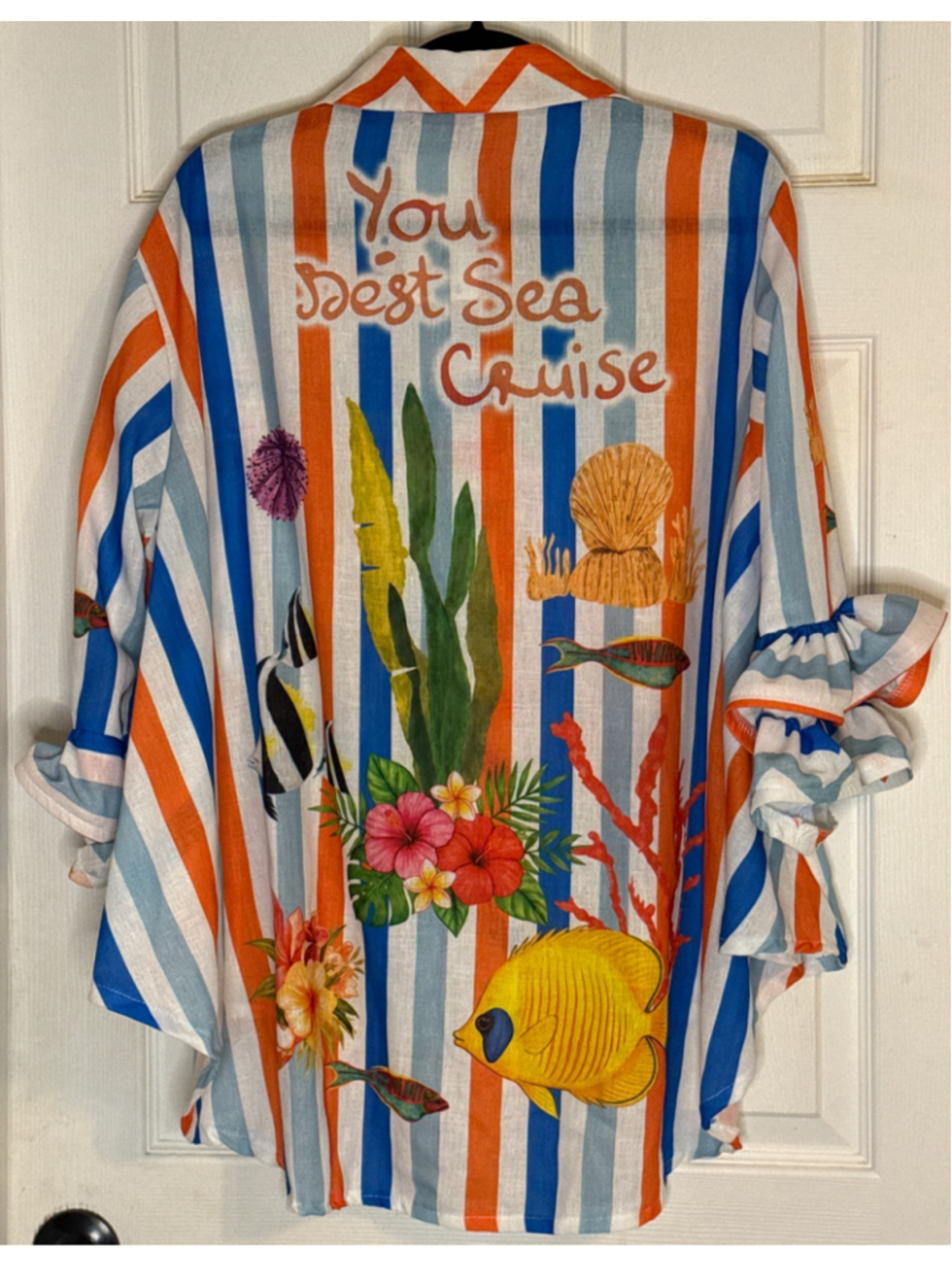 Tropical Print Blouse, One Size, White/Orange/Blue Made in Italy - Picture 3 of 6
